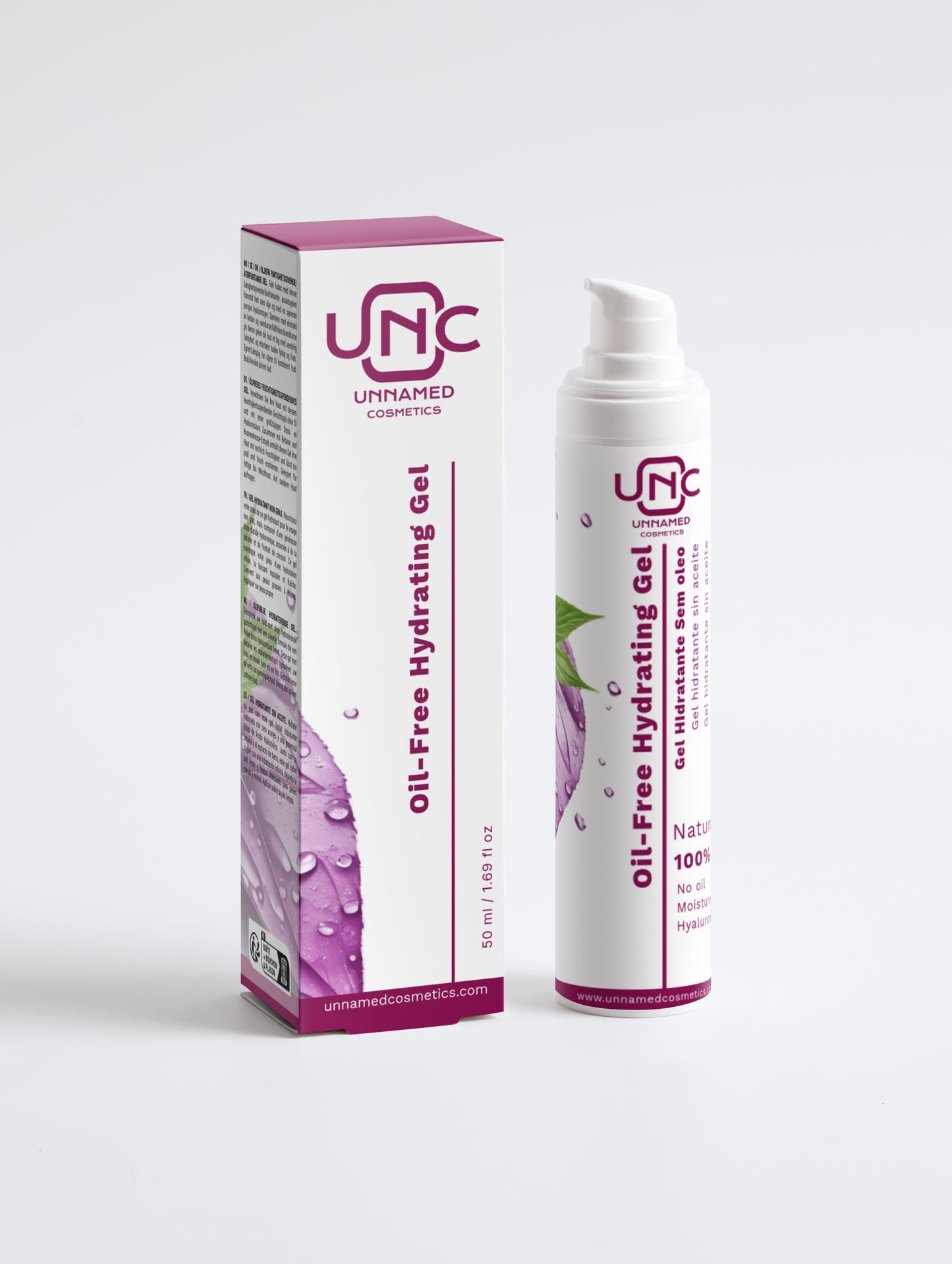 Gel hidratante oil-free com embalagem branca e detalhes roxos para hidratação da pele